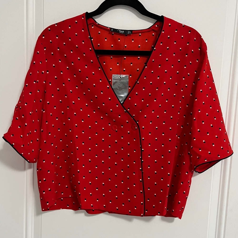 NWT - Mango Women’s Cropped Polka Dot V Neck Half Sleeve Blouse - US Size 8